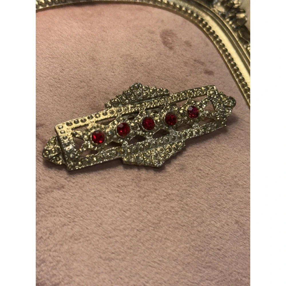 Gold Tone Art Deco Style Red & Clear Rhinestone Faux Marcasite‎ Pin Brooch